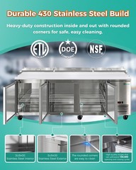 Commercial 93” Refrigerated Pizza Prep Table 3 Door Stainless Steel 31 cu.ft.