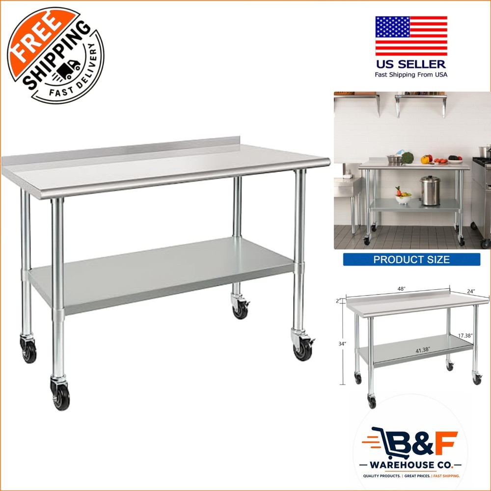 HARDURA NSF-Certified Stainless Steel Prep Table 24×48″ with Wheels & Backsplash