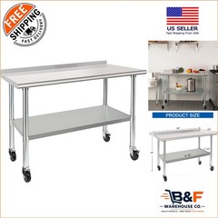 HARDURA NSF-Certified Stainless Steel Prep Table 24×48″ with Wheels & Backsplash