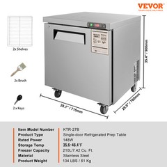 VEVOR 28″W Refrigerated Prep Table 7.42 Cu. Ft. Food Prep Fridge with 1 Door