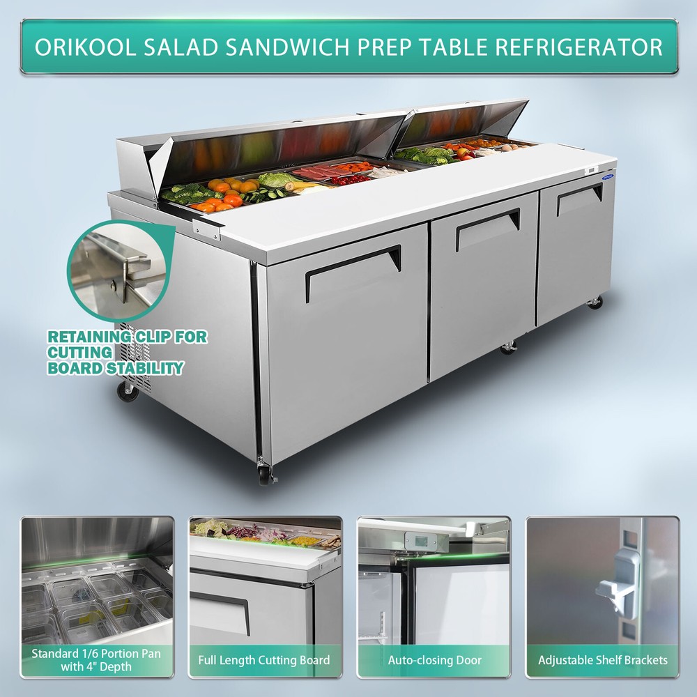 72″ Sandwich Prep Table Commercial Salad Food Refrigerator 3-Door ETL Certified