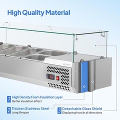 47″ Refrigerated Condiment Prep Station, 25.1Qt 3 1/3 & 2 1/4 Pans Glass Shield