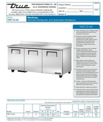 True TWT-72-HC 72″ Solid Three Door Worktop Refrigerator, 19 cu ft