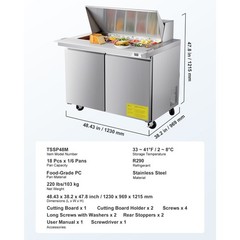 48″ Commercial Sandwich Prep Table, 12.5 Cu Ft, Stainless Steel, 18 Pans