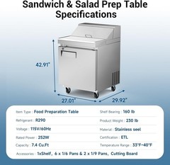 VP29S 28″ One Section Sandwich/Salad Prep Refrigerator w/Stainless Steel Cover