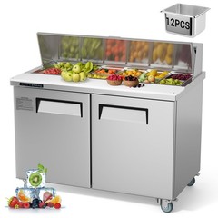 48″ Sandwich Prep Table Refrigerator, Stainless Steel Dual Door with 12 Food Pan