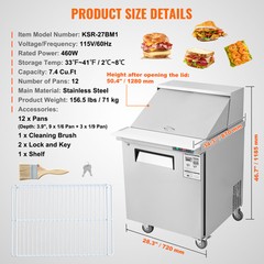 VEVOR 28″ Mega Top Sandwich Salad Prep Table Refrigerator Cooler 1 Door 12 Pans