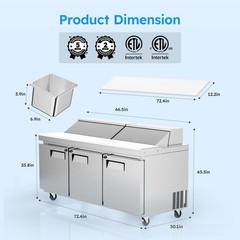 72″ Countertop Refrigerated Condiment Salad Pizza Prep Station with Glass Guard
