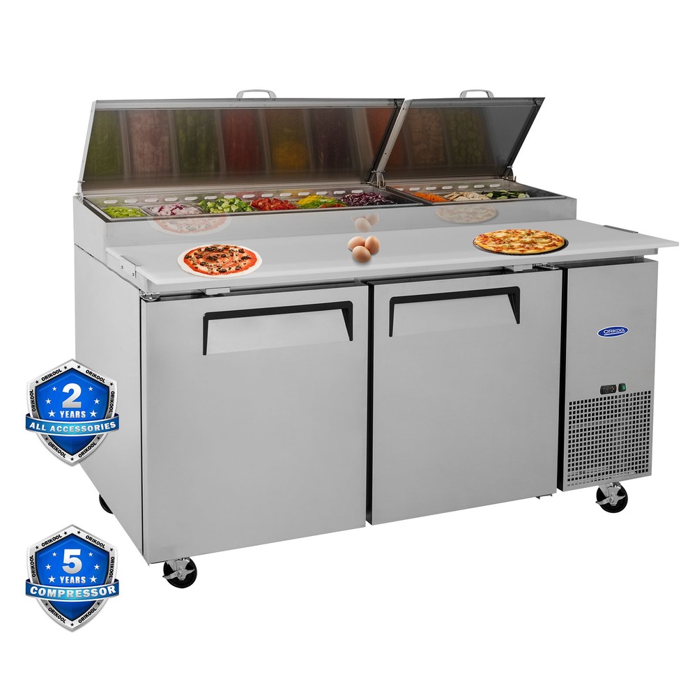 67″ Commercial Pizza Prep Table w/ 20Cu.Ft Built-in Refrigerator & Cutting Board