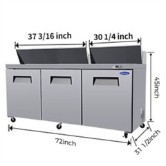 72″ Commercial Prep Table Refrigerator 3 Door 21 Cu.ft Stainless Steel Mega Top
