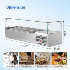 47” Countertop Refrigerated Condiment Salad Prep Station Glass Sneeze Guard