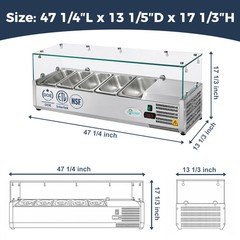 47″ Refrigerated Condiment Prep Station with 5 x 1/4 GN Pans 35-50°F for Salad