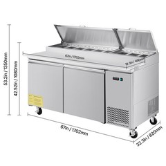 67″ Commercial Refrigerated Pizza Prep Table Station Fridge Double Door w/9 Pans