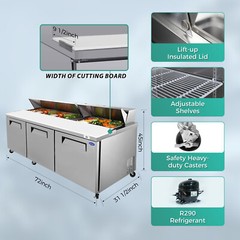 72″ 3 Doors Commercial Refrigerators Sandwich & Salad Prep Table 22Cu.Ft 33~40℉