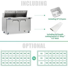 60″ Mega Top Sandwich Prep Table, ICECASA 3 Door Food Bain Marie Cooler, 24 Pans