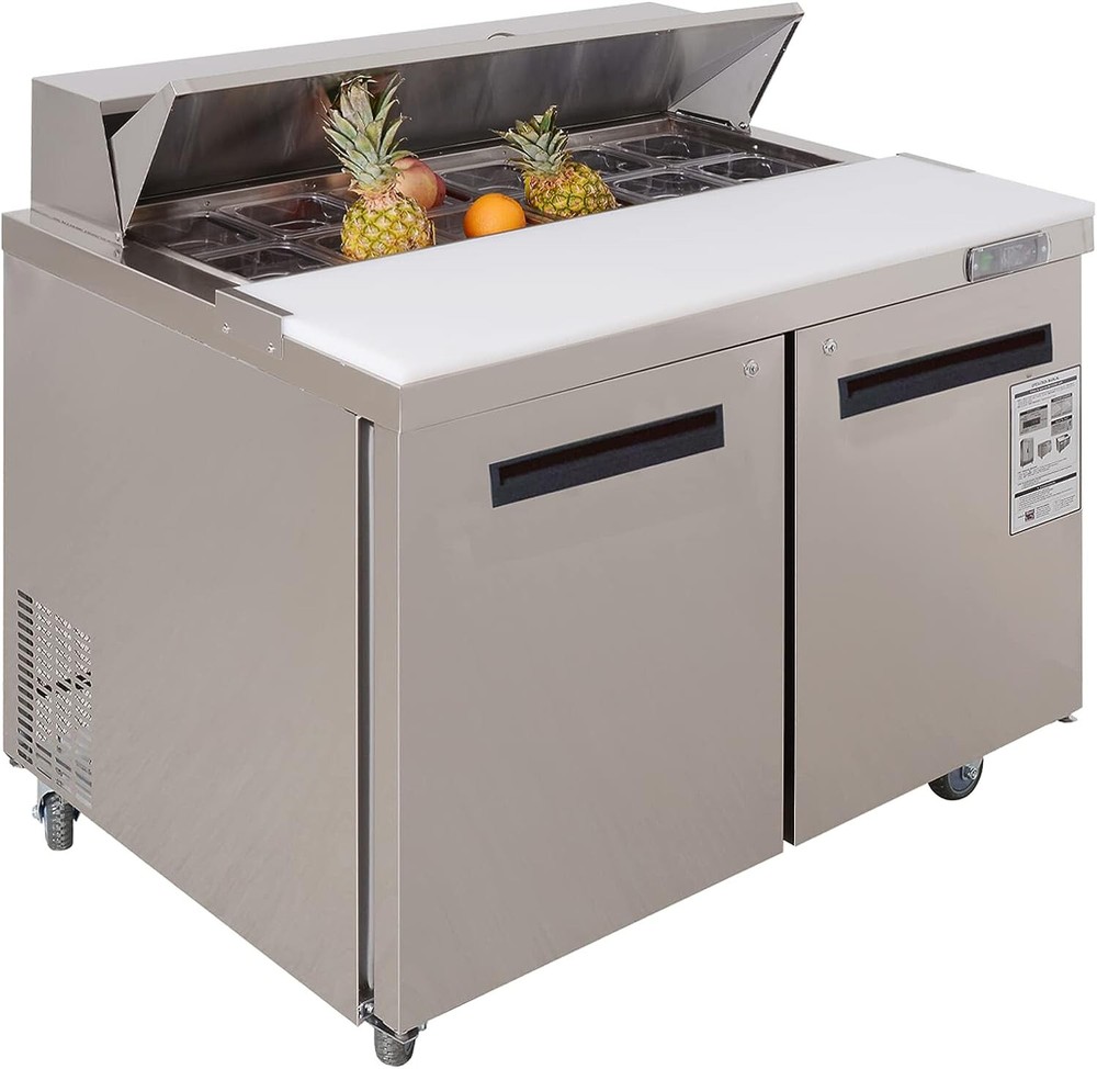 Stainless Steel 48′ 2-Door Salad Sandwich Prep Table Refrigerator 12 Pans