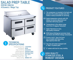 NEW 4 Drawer 48″ Refrigerated Mega Top Prep Table NSF Dukers DSP48-18M-D4 #4040
