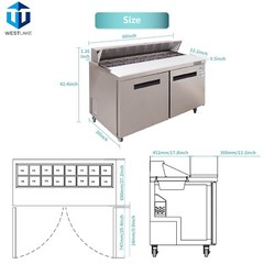 Stainless Steel 60″ 2-Door Salad Sandwich Prep Table Refrigerator 16 Pans