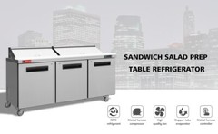 Salad Sandwich Prep Table, WESTLAKE 72″ 3 Door Refrigerated Prep Table, 18 Pans