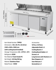 VEVOR Commercial Refrigerated Pizza Prep Table Stainless Steel Fridge TripleDoor
