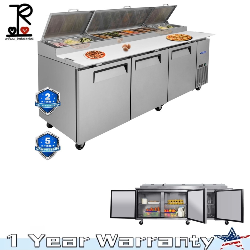 93” 3 Door Refrigerated Pizza Prep Table Commercial Stainless Steel 30.8 cu.ft.