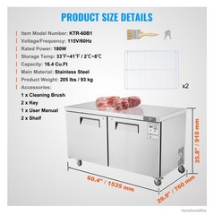 60 Inch Commercial Sandwich Salad Prep Table 16.4 Cu Ft Stainless Steel Dual