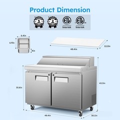 48″ Mega Top Sandwich Prep Table Fridge 2 Door Food Bain Marie Cooler, 12 Pans