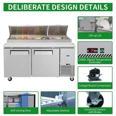 67″ Commercial Pizza Prep Table w/ 20Cu.Ft Built-in Refrigerator & Cutting Board