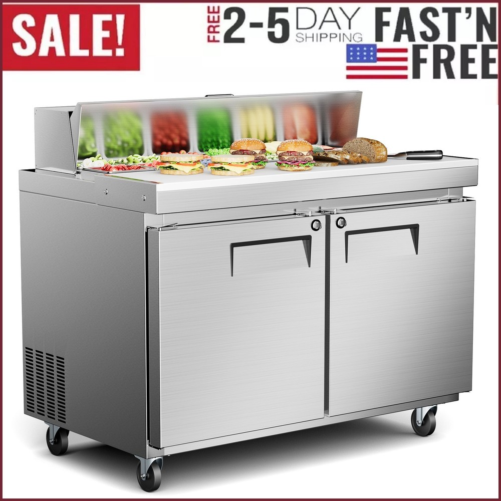 48″ Mega Top Sandwich Prep Table Fridge 2 Door Food Bain Marie Cooler, 12 Pans