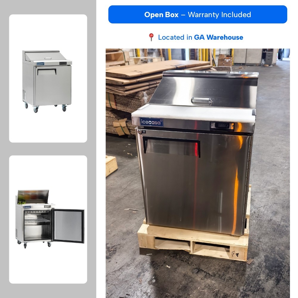 ICECASA 27″ Sandwich Prep Table Fridge, 1 Door Cooler with 8 Pans – Dents