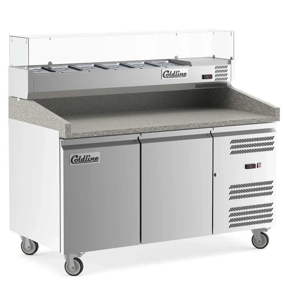 Marble Top 60″ pizza prep dough retarder table, with Glass Topping Rail, 6 Pans