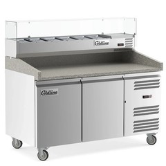 Marble Top 60″ pizza prep dough retarder table, with Glass Topping Rail, 6 Pans