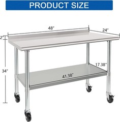 HARDURA NSF-Certified Stainless Steel Prep Table 24×48″ with Wheels & Backsplash