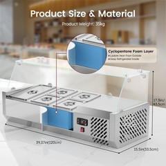40 Inch Refrigerated Condiment Prep Station 130W with 1*1/3 Pan & 4*1/6 Pans ETL