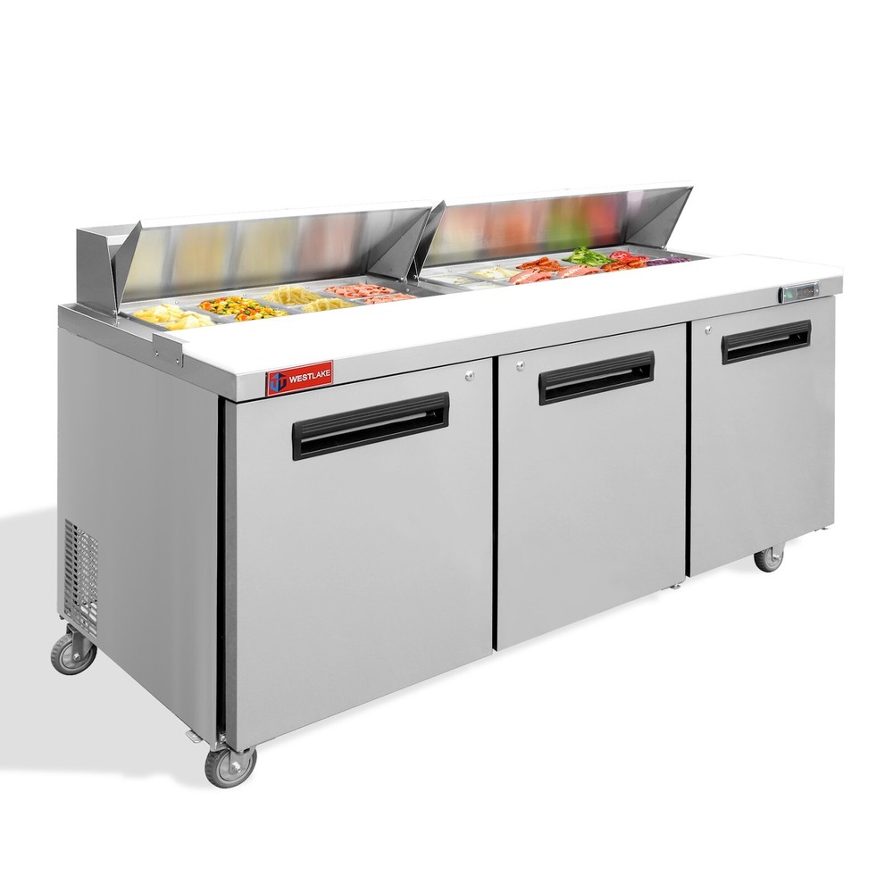 Salad Sandwich Prep Table, WESTLAKE 72″ 3 Door Refrigerated Prep Table, 18 Pans