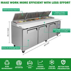 93” 3 Door Refrigerated Pizza Prep Table Commercial Stainless Steel 30.8 cu.ft.