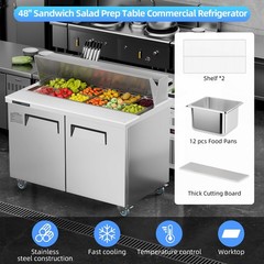 48″ Sandwich Prep Table Refrigerator, Stainless Steel Dual Door with 12 Food Pan