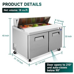 60″ Commercial Sandwich Prep Refrigerator -2 Door，Digital Temp Control，Low Noise