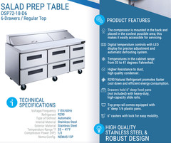 NEW 6 Drawer 72″ Refrigerated Mega Top Prep Table NSF Dukers DSP72-30M-D6 #4042