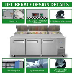 93” 3 Door Refrigerated Pizza Prep Table Commercial Stainless Steel 30.8 cu.ft.