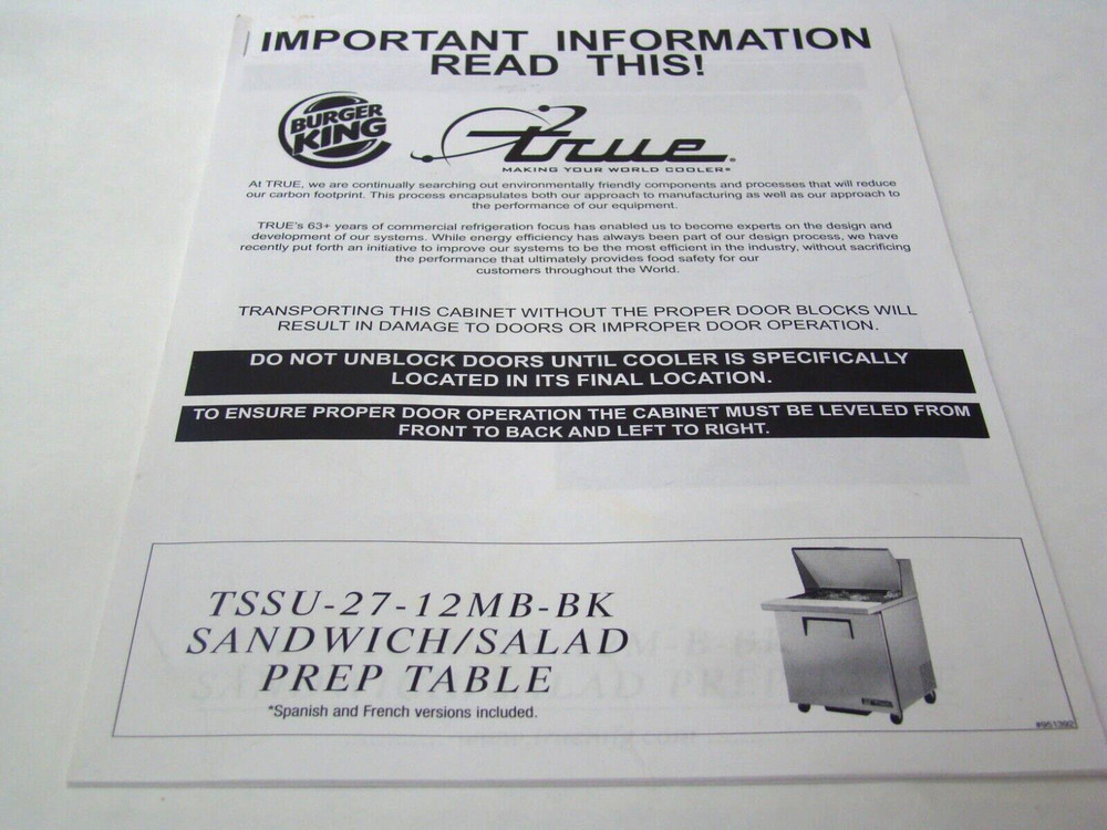 True TSSU-27-12M-B-BK Sandwich/Salad Prep Table Installation Manual
