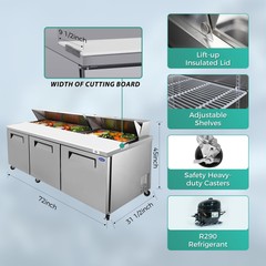 72″ Sandwich Prep Table Commercial Salad Food Refrigerator 3-Door ETL Certified