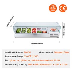 VEVOR 60″ Countertop Refrigerated Salad Pizza Prep Station 150 W Glass Guard ETL