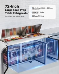 VEVOR 72″ Mega Top Commercial Refrigerated Sandwich Prep Station 3 Door w/30 Pan