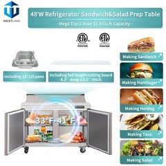 Mega Top Sandwich Salad Prep Table, 48″ 2 Door Refrigerated Prep Table, 18 Pans