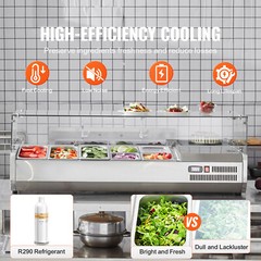 VEVOR 55″ Countertop Refrigerated Salad Pizza Prep Station 140 W Glass Guard ETL