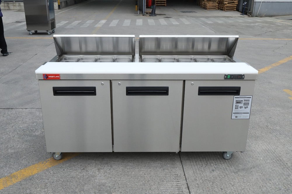 WESTLAKE 72′ Stainless Steel Food Prep Table Refrigerator 3-Door With 18 pans