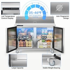 48″ Sandwich Prep Table Refrigerator, Stainless Steel Dual Door with 12 Food Pan