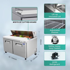 60″ Commercial Refrigerators Sandwich & Salad Prep Table w/Cutting Board 18Cu.Ft