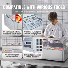 VEVOR Countertop Refrigerated Salad Pizza Prep Station 140 W Glass Guard ETL